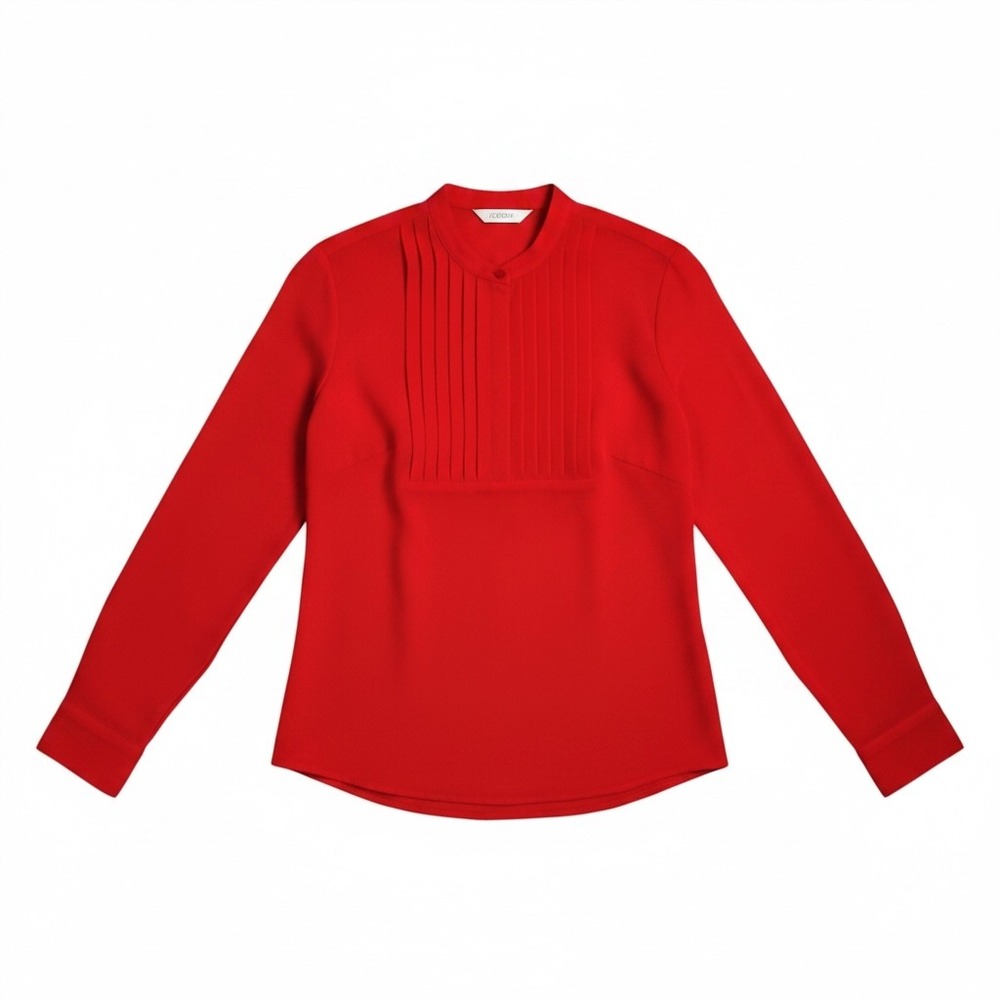 J.Crew Womens Red Pleated Bib Tuxedo Blouse Band Collar Long Sleeve E5597 L